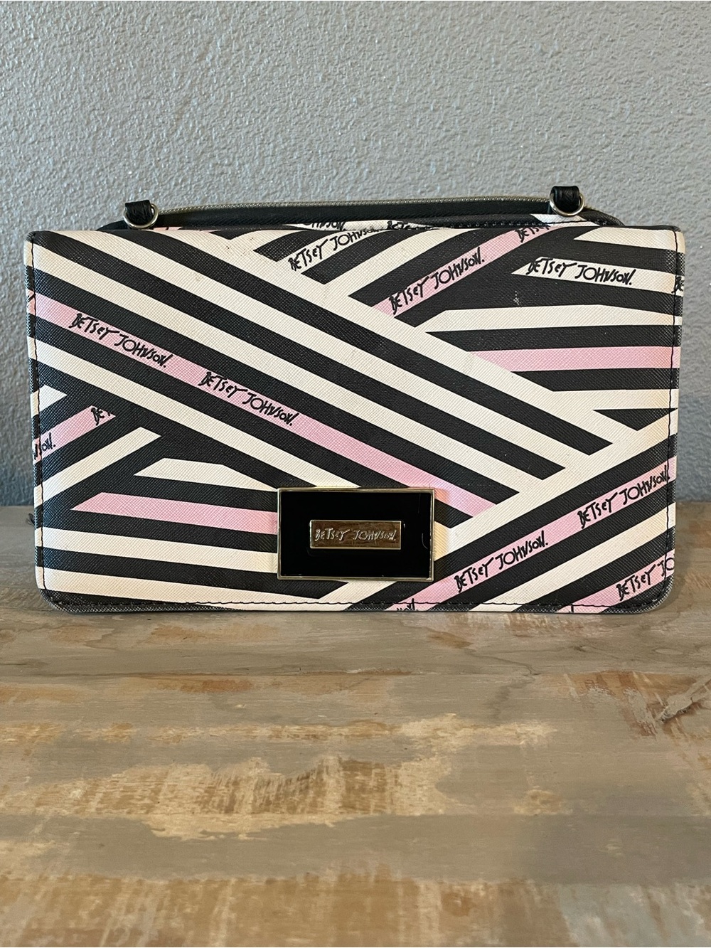 Betsey Johnson Black, White & Pink Stripe Crossbody Bag/Wallet